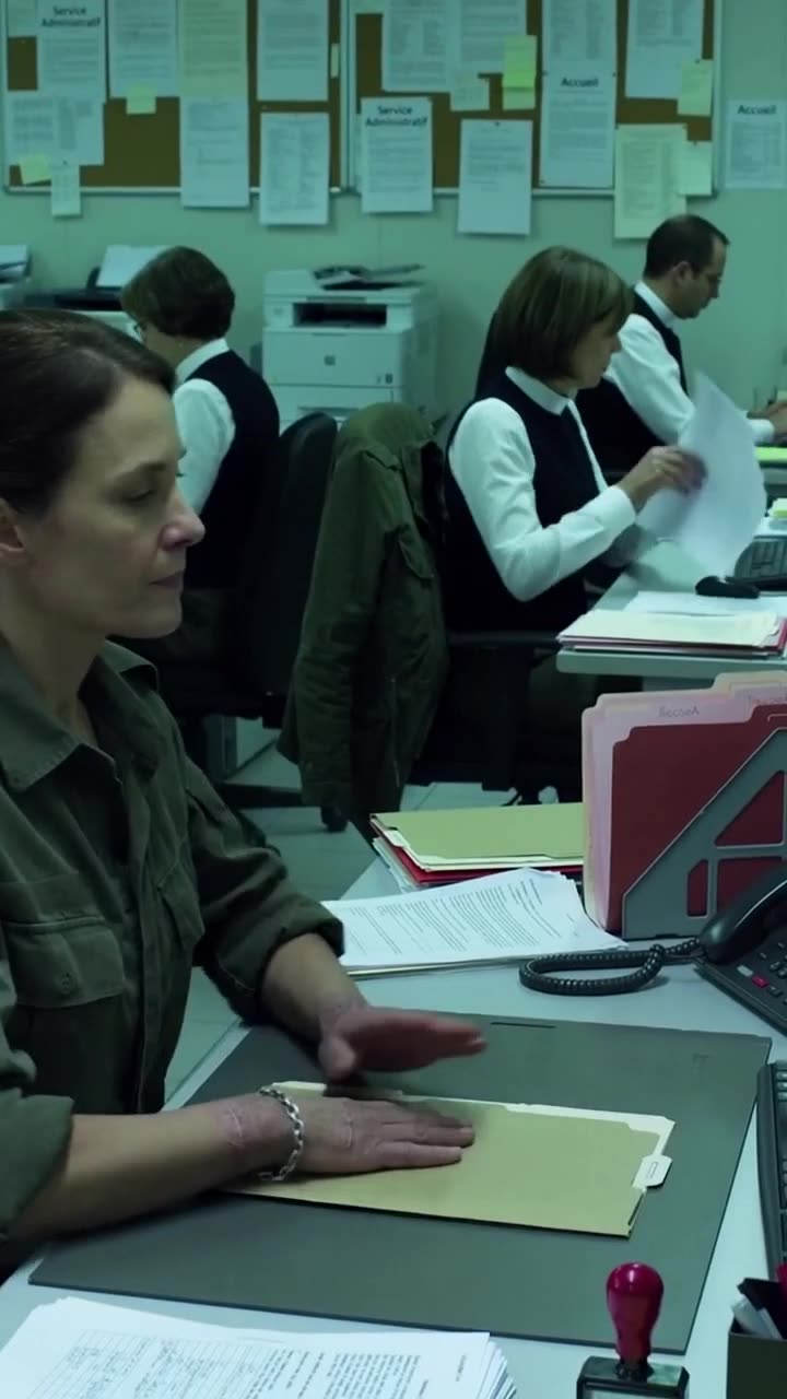 A decorated female officer rests scarred hands on a classified dossier.