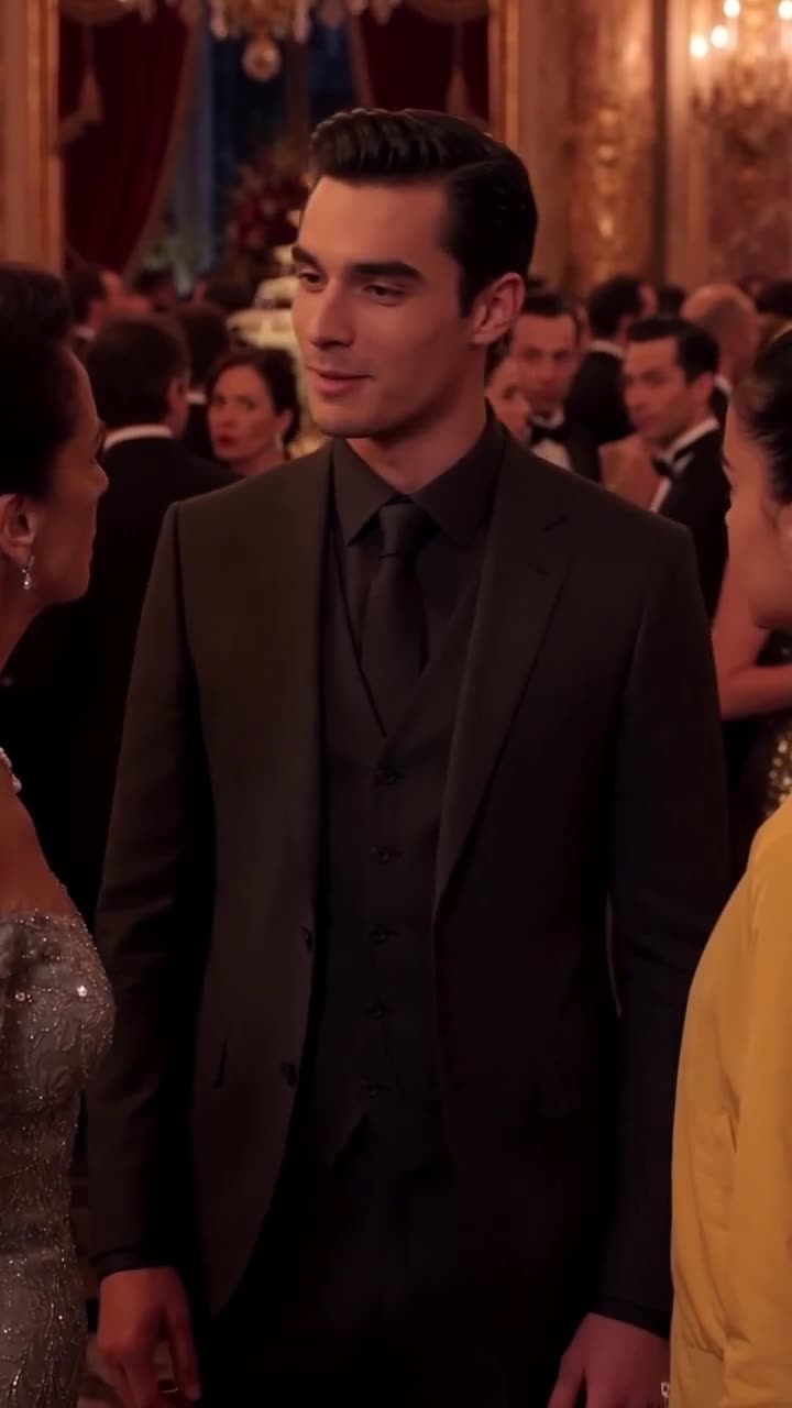 The wealthy heir in a sharp dark suit watching the escalating argument with an amused expression.