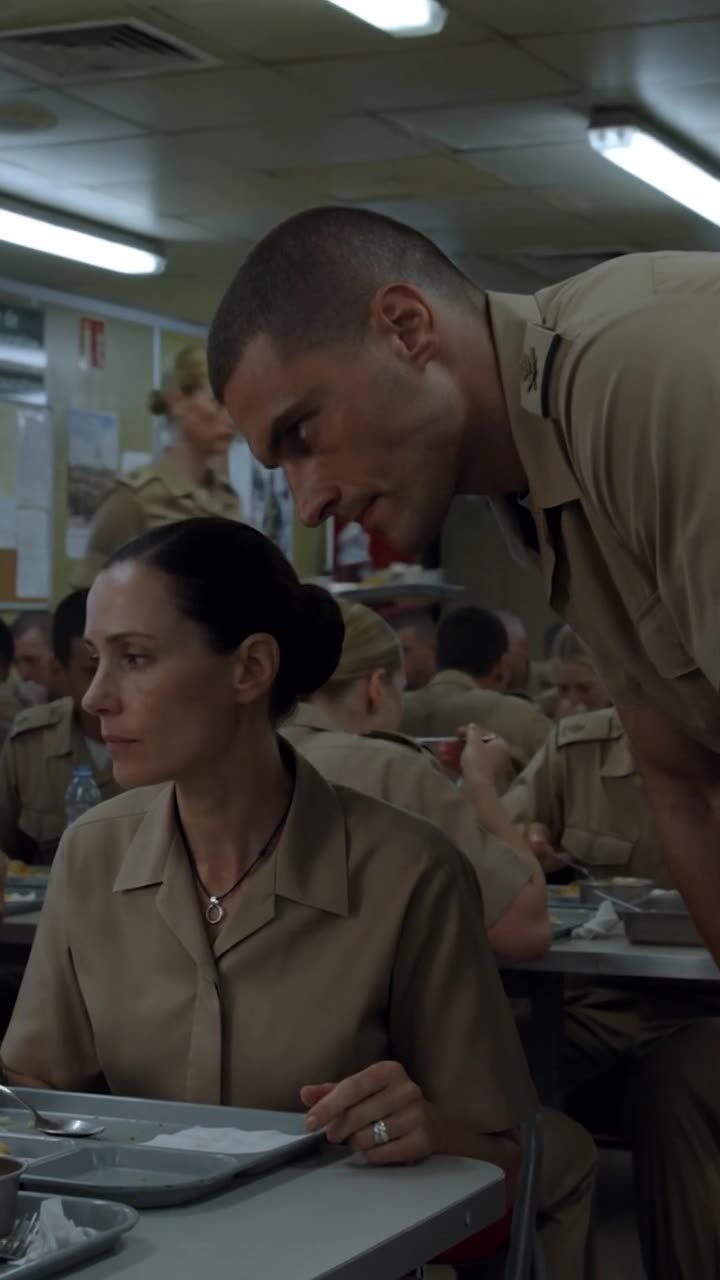 Julien leaning close to Claire across the cafeteria table with a mocking sneer