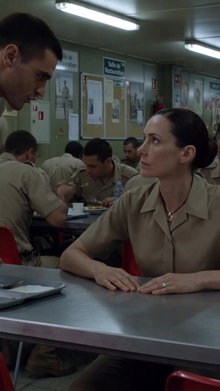 Claire remains unflinching with hands flat on the metal table, meeting Julien's gaze.