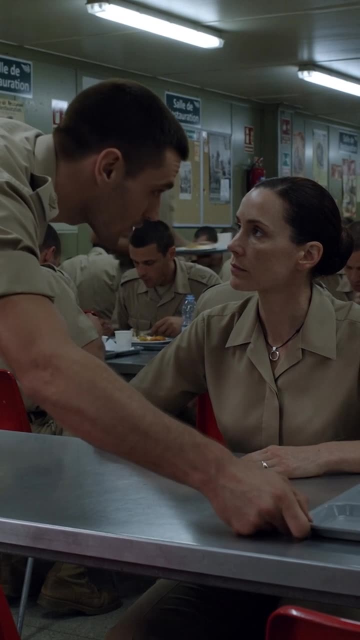 Julien aggressively shoves the cafeteria tray toward Claire across the mess hall table.