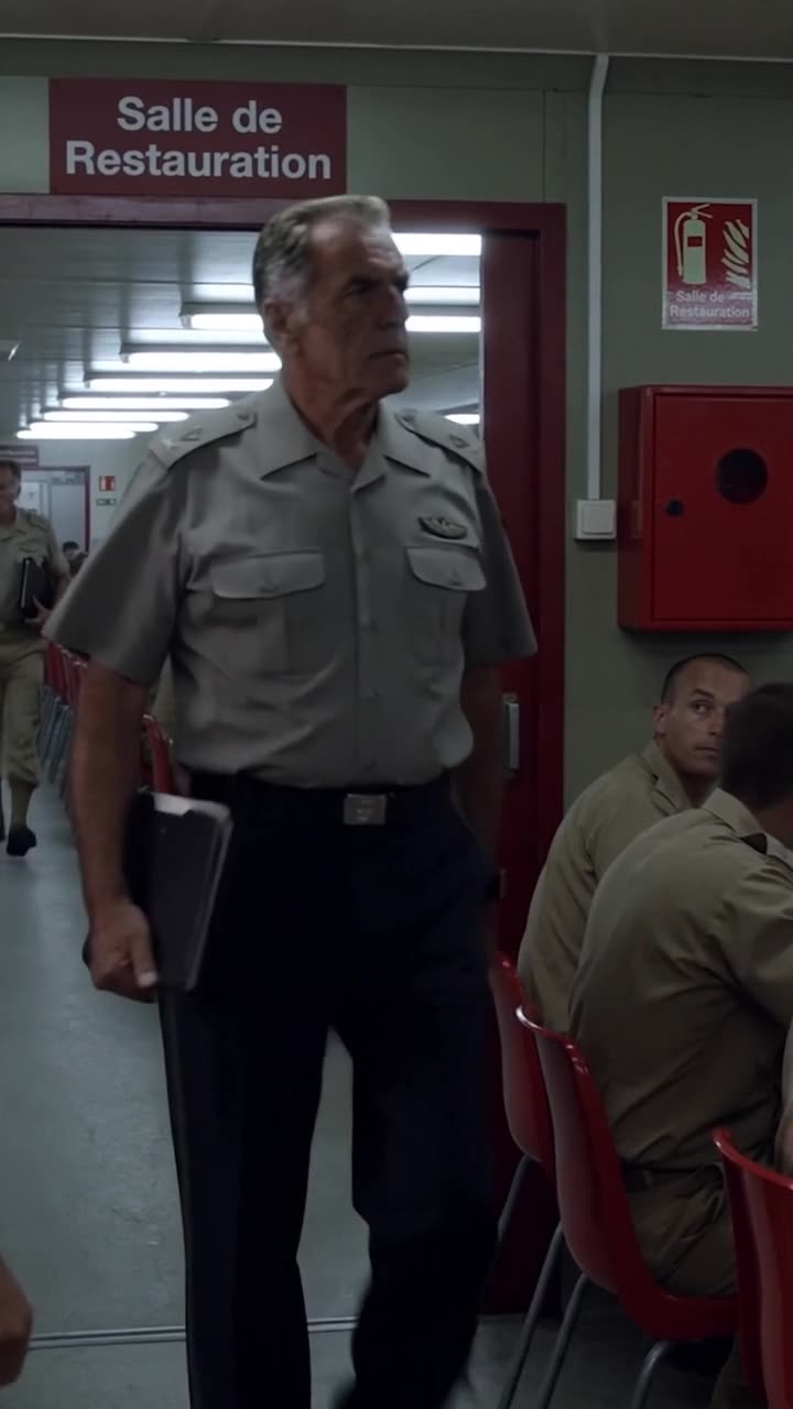 Henri enters the military cafeteria carrying a black folder with focused authority.