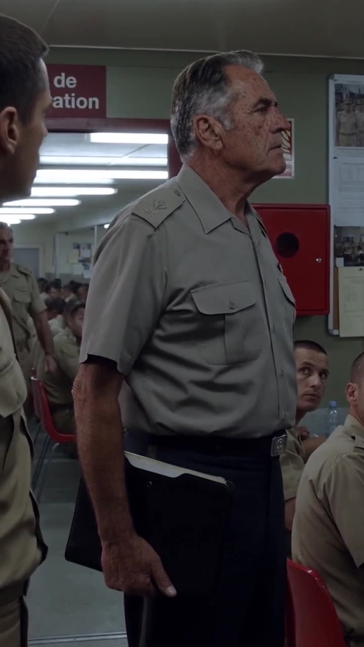 A stern-faced general enters the military dining hall carrying a black dossier.