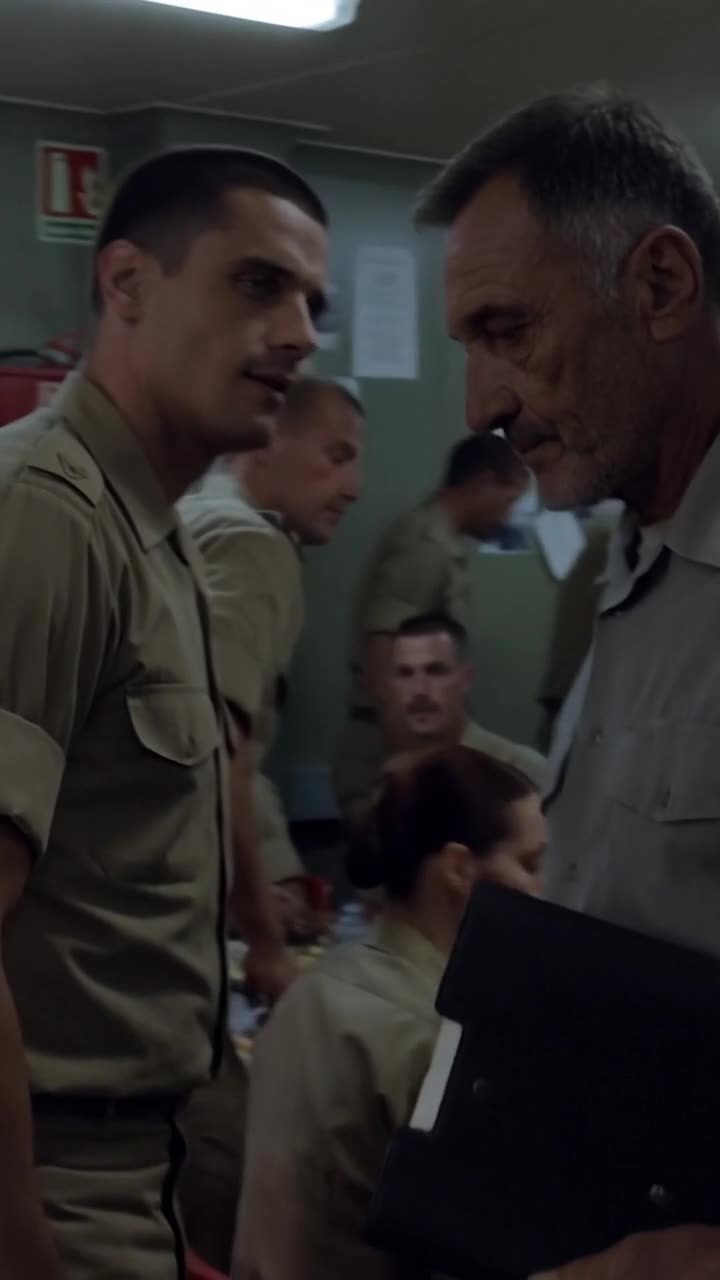 Julien standing at attention and confronting General Henri beside Claire in the crowded dining hall.