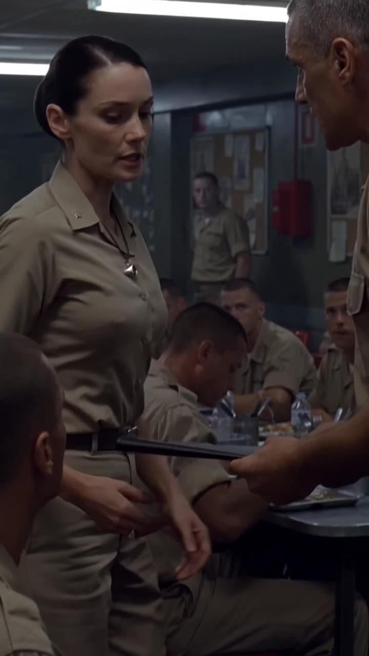 Henri hands the black confidential dossier over to Claire in the crowded dining facility.