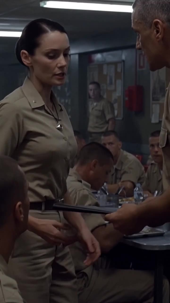 The female officer stands tall confronting a commander holding a dossier while onlookers watch.