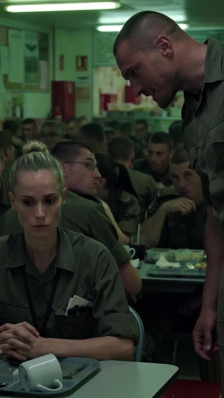 Maxime smirks down at a composed Élodie as fellow dining soldiers turn to watch.
