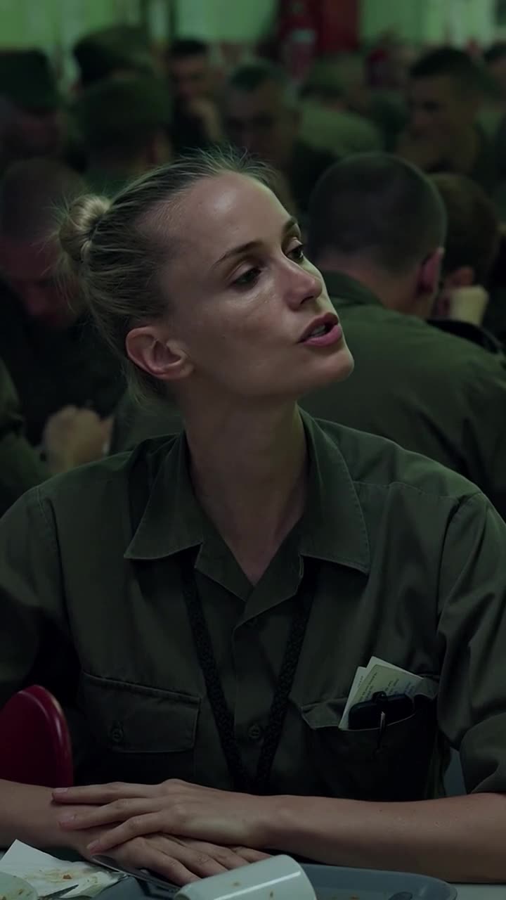 Élodie calmly tilts her head up to confront her aggressor with unwavering composure.