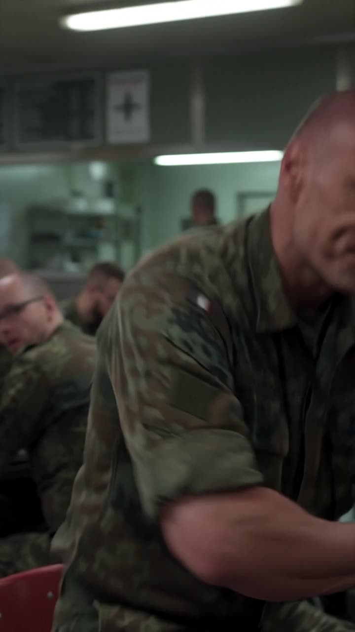 Markus richtet sich mit verschränkten Armen auf und mustert Laura herablassend vor den Soldaten.