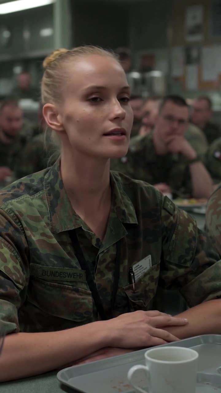Laura hebt gelassen das Kinn und fixiert Markus mit unerschütterlicher Ruhe über ihrem Tablett.