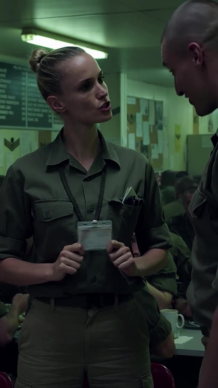 Élodie stands at full height and displays her white officer credential, ordering the sergeant to step back.