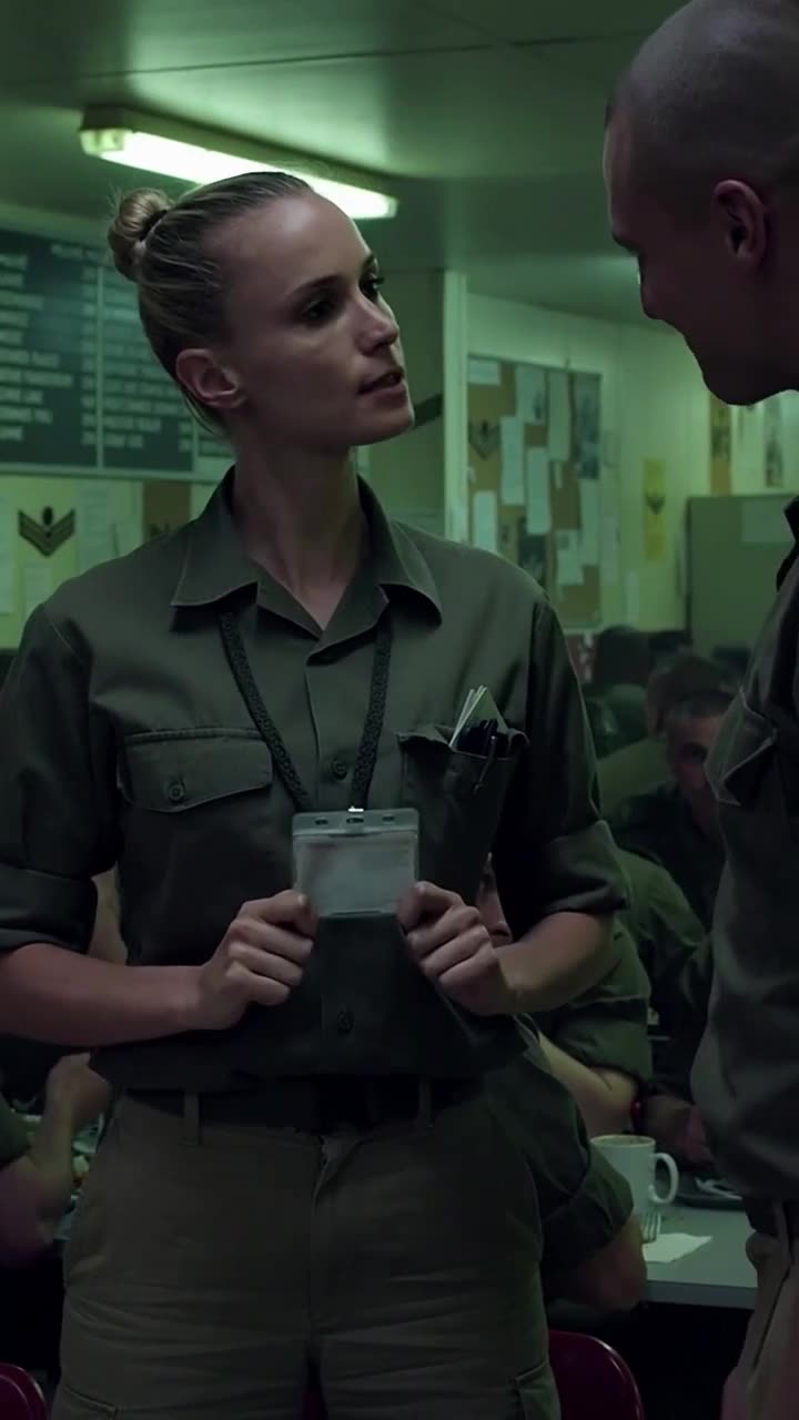 Élodie stands firm and displays her high-ranking military identification badge.