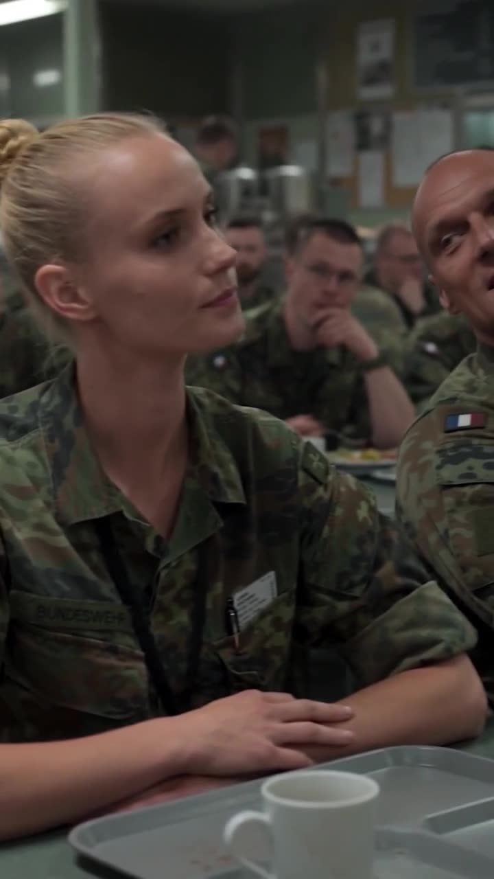 Olivia Lindner blickt Brandt gelassen und unerschrocken an, während andere Soldaten das Duell beobachten.