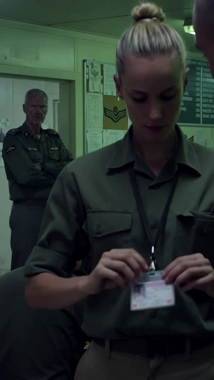 Henri watching from the doorway as Élodie brings out her official credential before the sergeant.