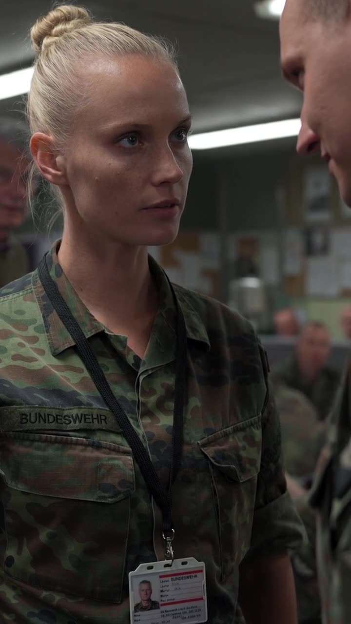 Laura fixiert Feldwebel Markus mit kaltem Blick, während ihr Dienstausweis offen auf der Brust hängt.