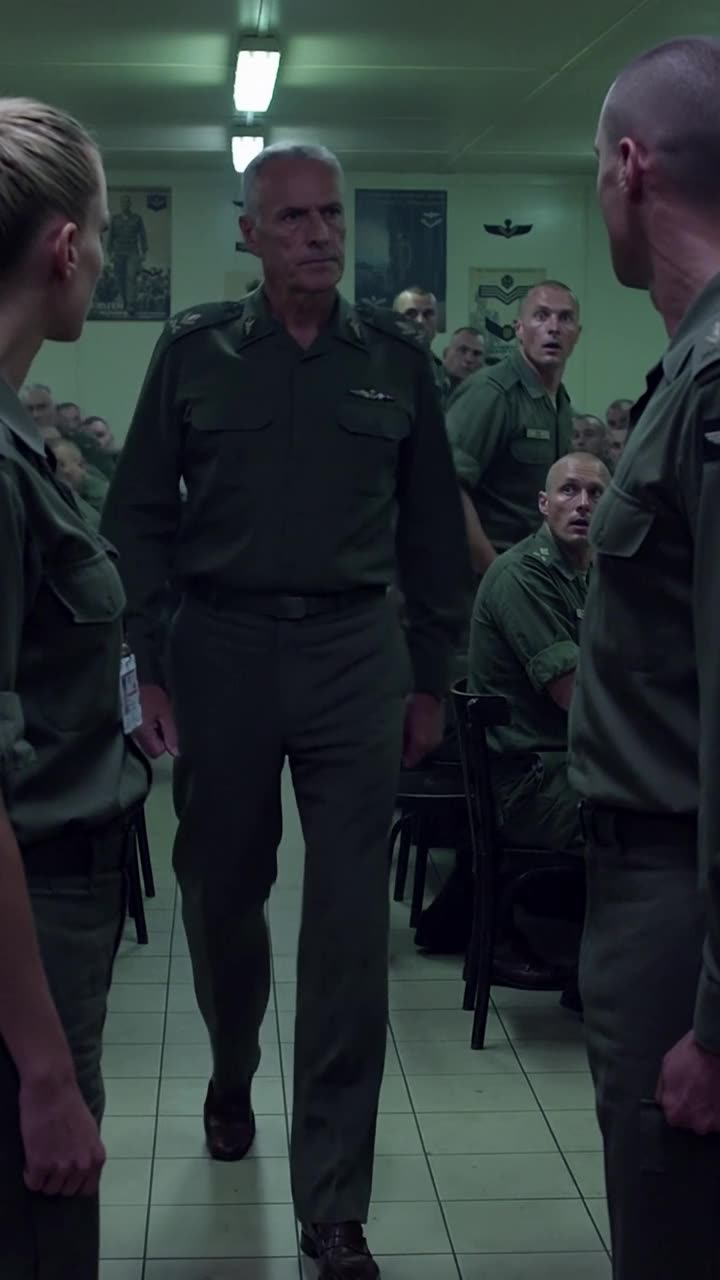 A tall, grey-haired colonel strides through a military dining hall between rows of shocked soldiers.
