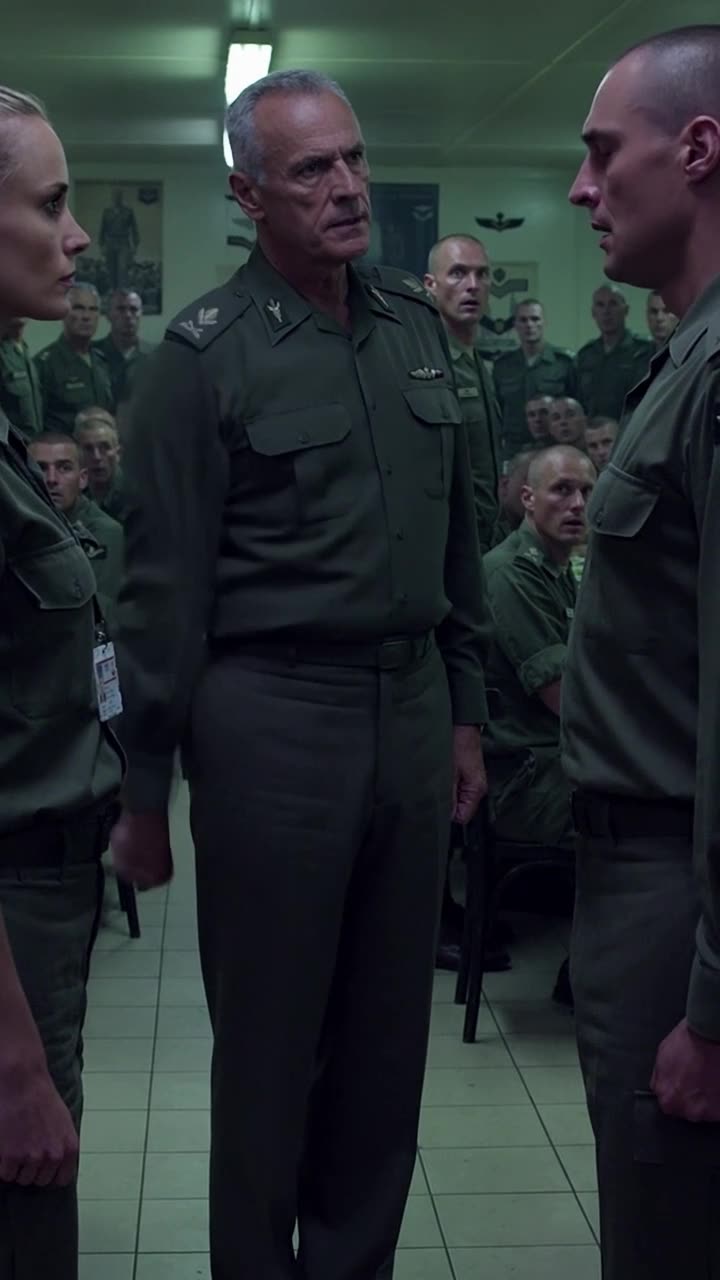 The colonel stands at attention between the two soldiers, ordering the humbled recruit to salute the new chief medical officer.