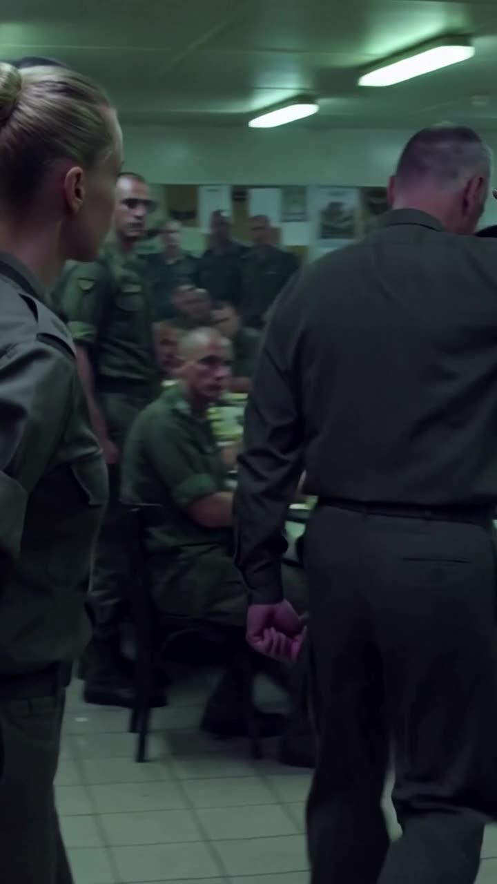 Maxime saluting Élodie and turning to leave as fellow soldiers observe