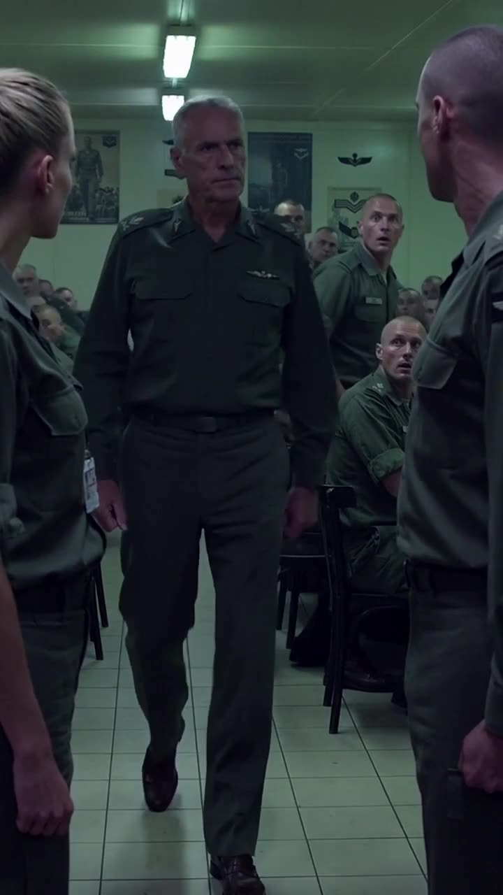 The stern senior commander marches down the mess hall aisle past seated soldiers toward the confrontation.