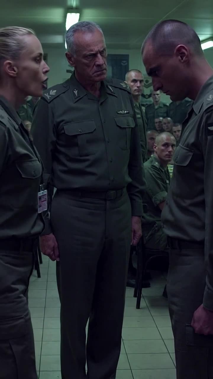 Sergeant Mercier hangs his head in shame as the commander and Olivia Laurent hold him accountable.