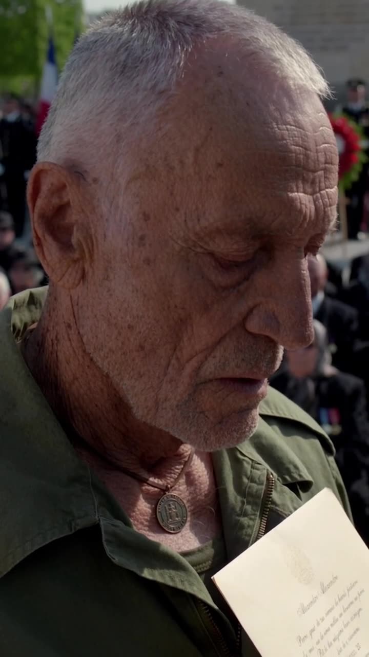 Close-up of Henri looking down as the wind reveals the bronze seal pendant under his jacket collar