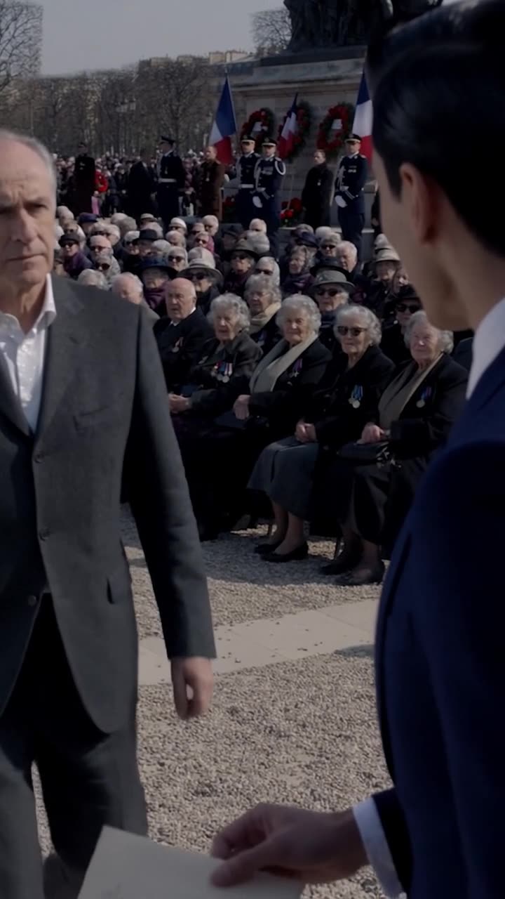 Laurent in a dark charcoal suit walks urgently across the gravel towards Alexandre and Henri.