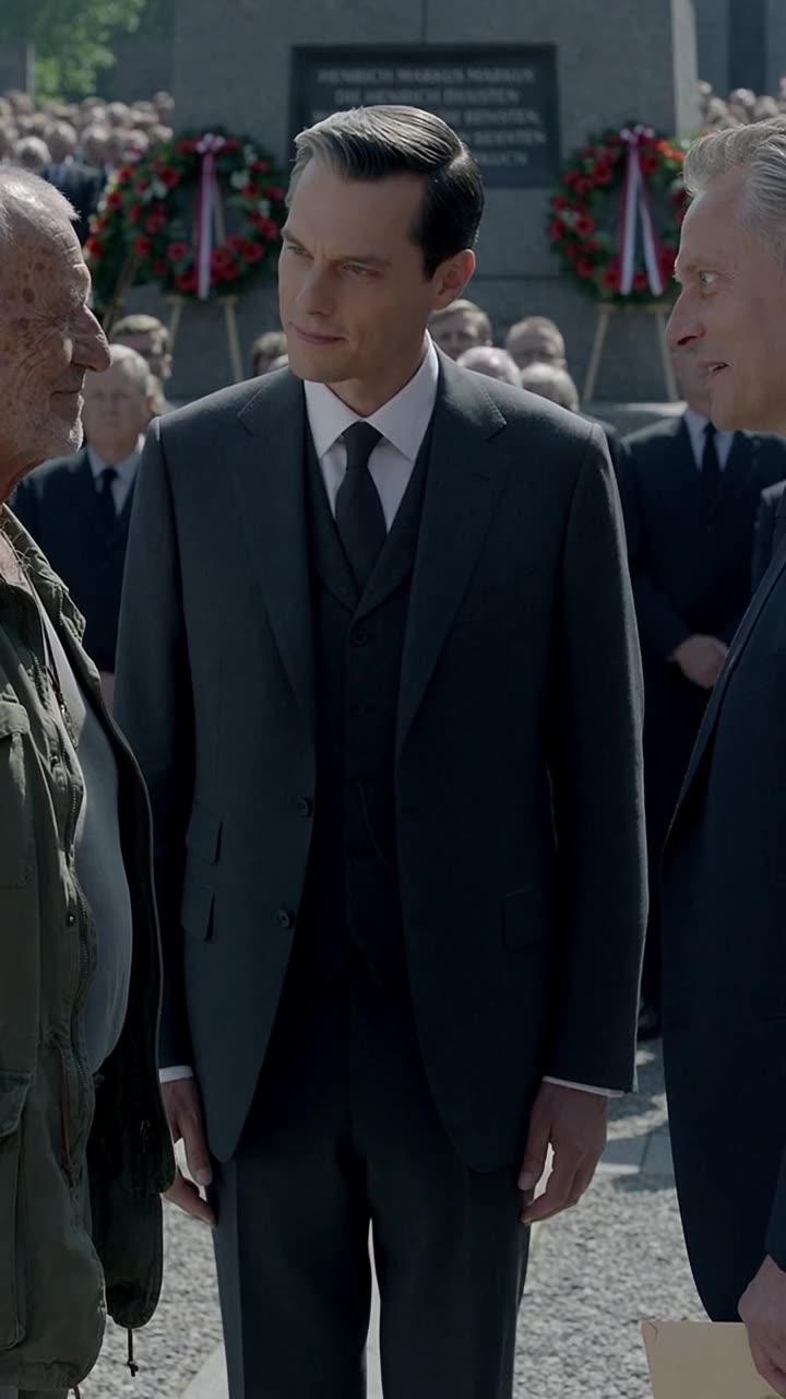 Maximilian im Maßanzug lächelt selbstgefällig auf dem Kiesplatz der Gedenkstätte.