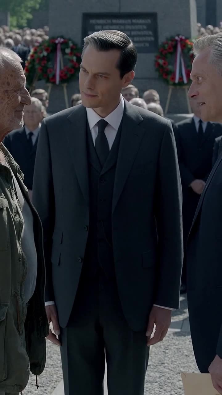Ein eleganter älterer Herr tritt hinzu, während der junge Mann selbstgefällig verharrt.