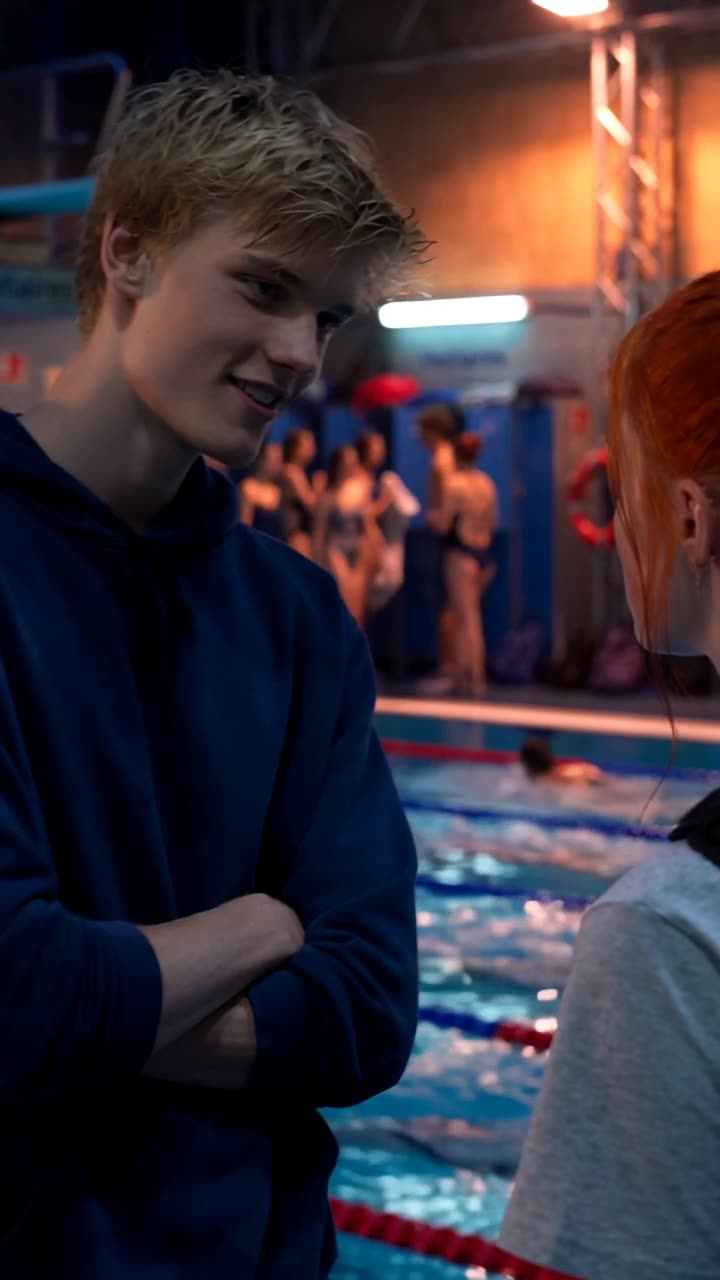 Maxime crosses his arms with a mocking smirk, challenging Camille on the pool deck.