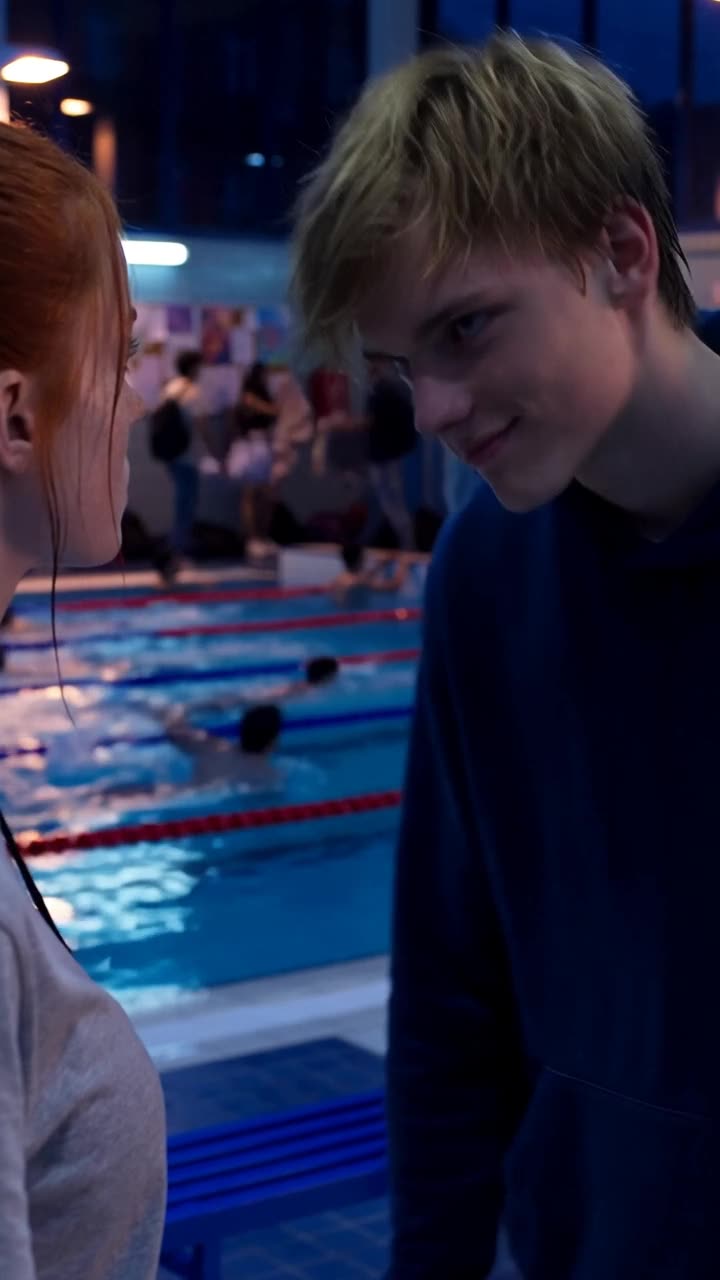 Maxime leans in close with a mocking smirk, attempting to intimidate Camille beside the swimming lanes.