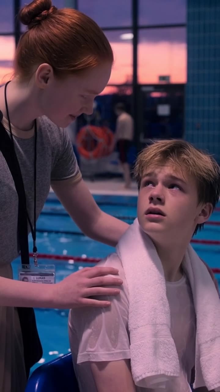 Greta legt tröstend die Hand auf Jonas' Schulter am Rand des Schwimmbeckens
