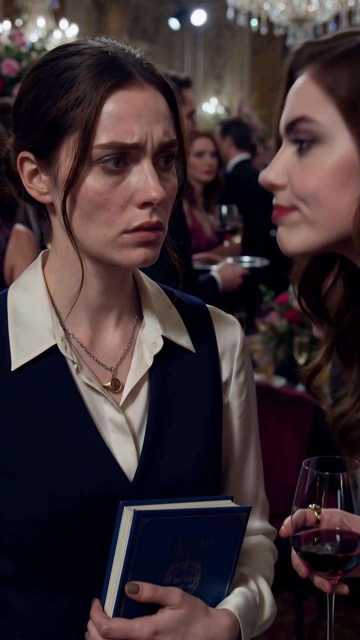 Hannah hält das blaue Gästebuch fest, während Vanessa sie im Profil spöttisch mustert