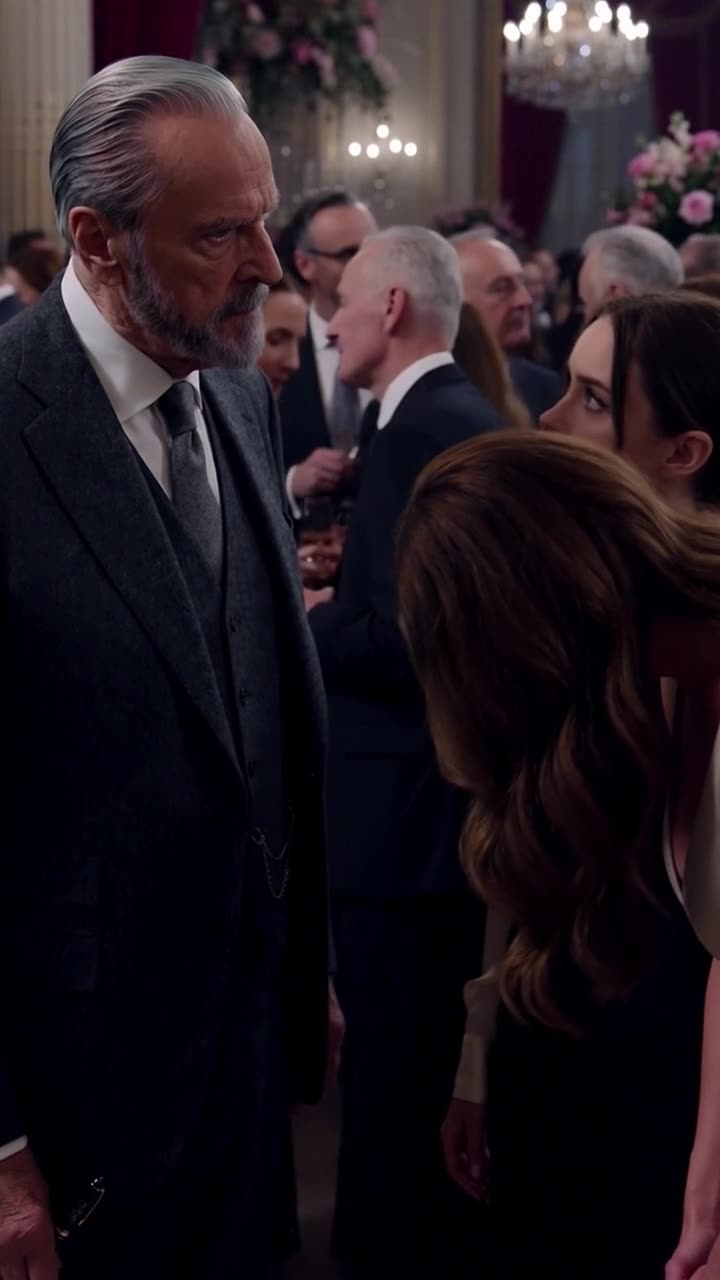 Die versammelten Gäste beobachten missbilligend Vanessas Verbeugung, während Richard an Hannahs Seite steht.
