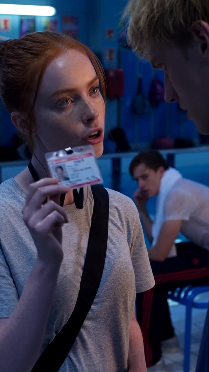 Camille firmly presents an official laminated credential directly in front of Maxime