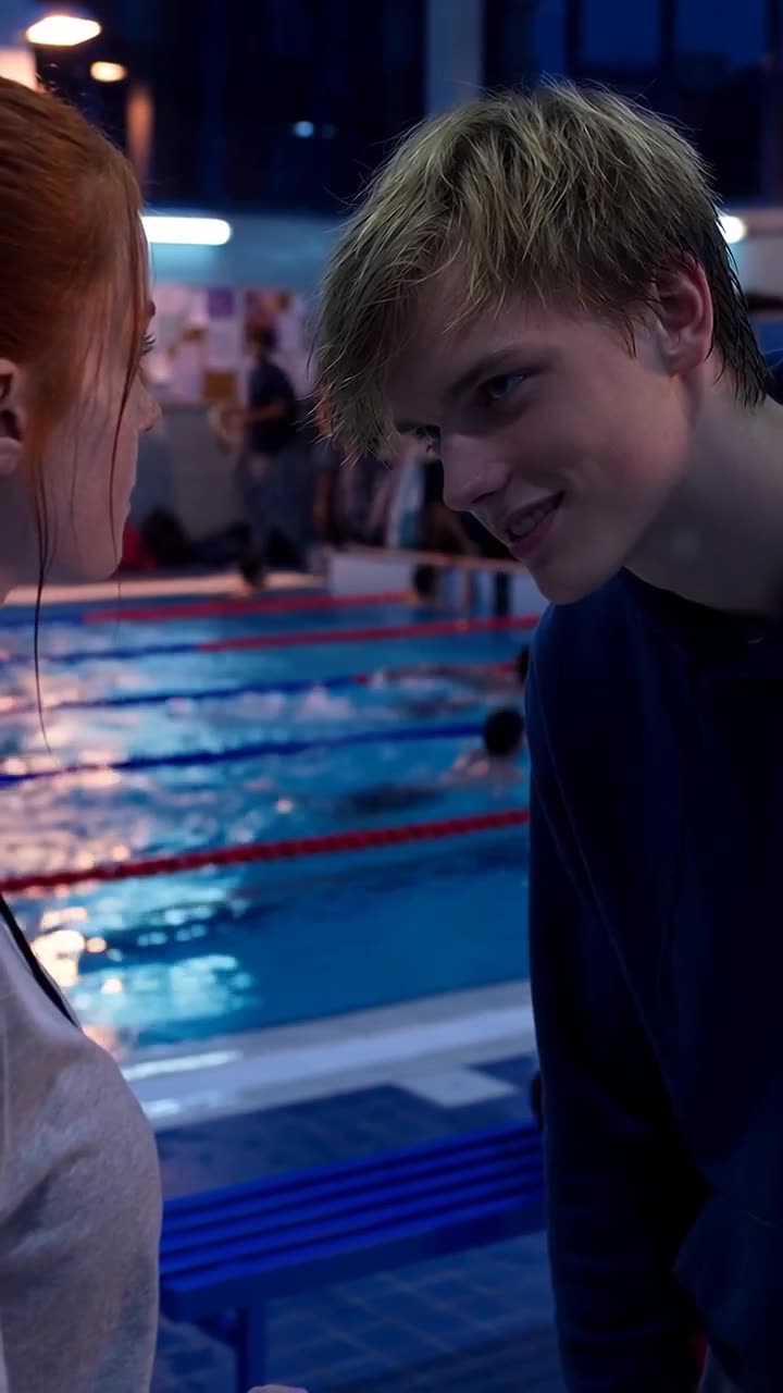 Maxime leaning in close to intimidate Camille by the pool
