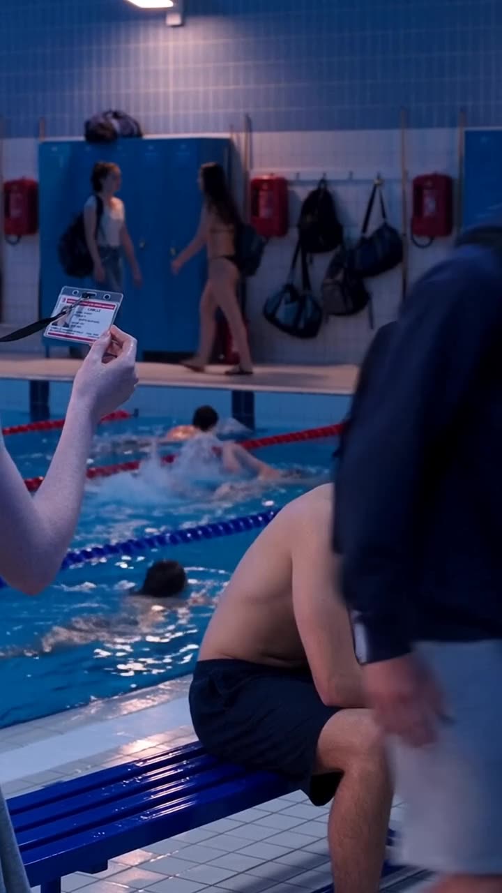 Camille holds out the badge poolside while Maxime recoils in sudden panic beside the training lanes.
