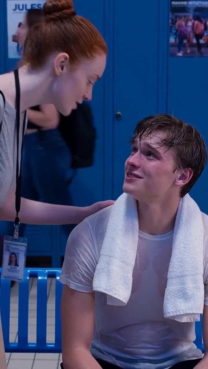 Camille places a comforting hand on Jules's shoulder while he looks up in tearful relief