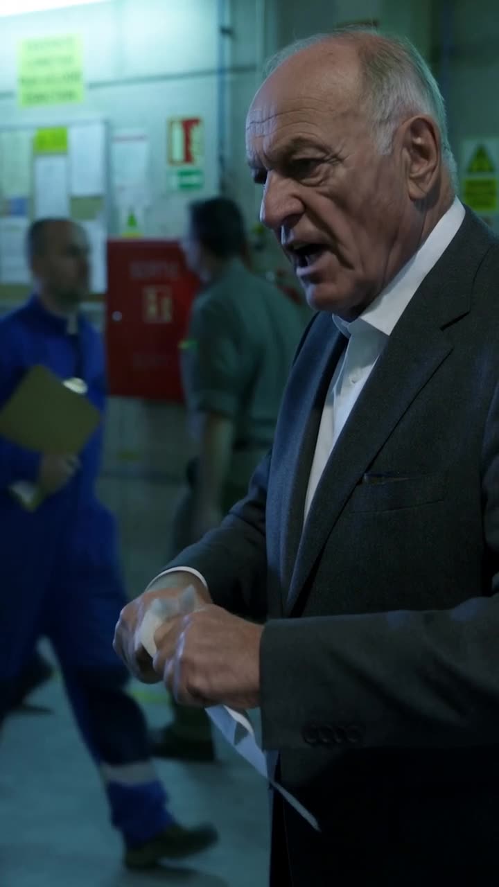 Philippe angrily tears the official permit into two pieces under neon hangar lighting.