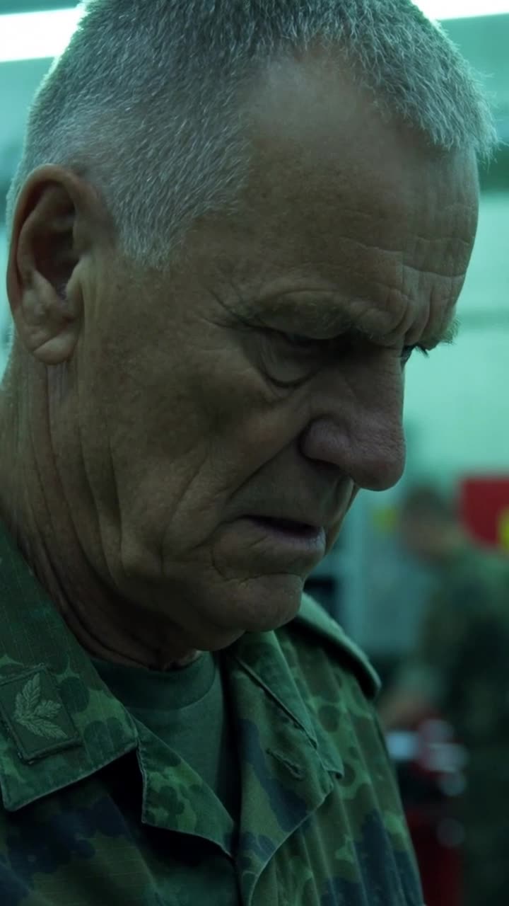 Nahaufnahme von General Wolfgang, dessen überheblicher Blick zu einer tiefen Sorgenfalte erstarrt.