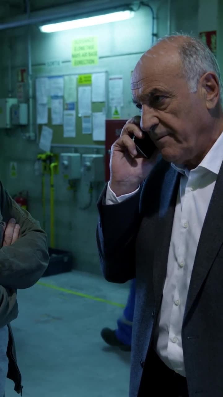 A close-up of Philippe sternly issuing security orders into his smartphone under industrial neon lighting.