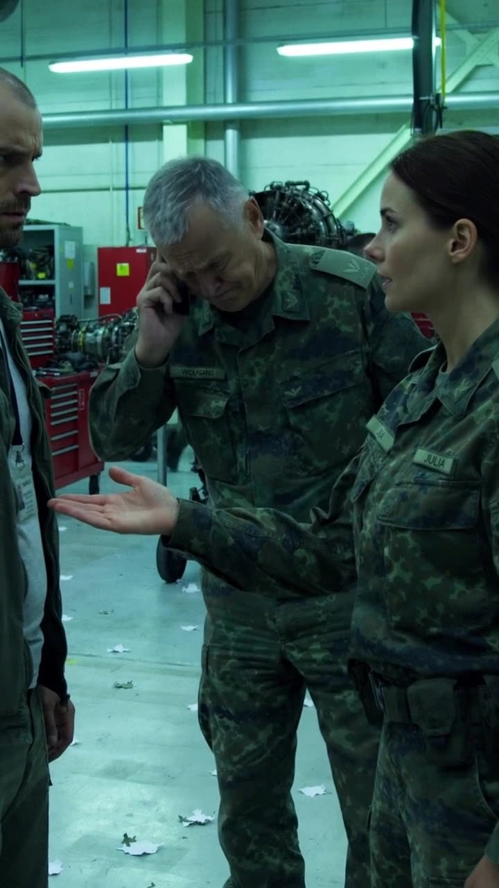 Julia weist mit geöffneter Hand auf Markus, während Wolfgang mit ungläubigem Blick weiter telefoniert.