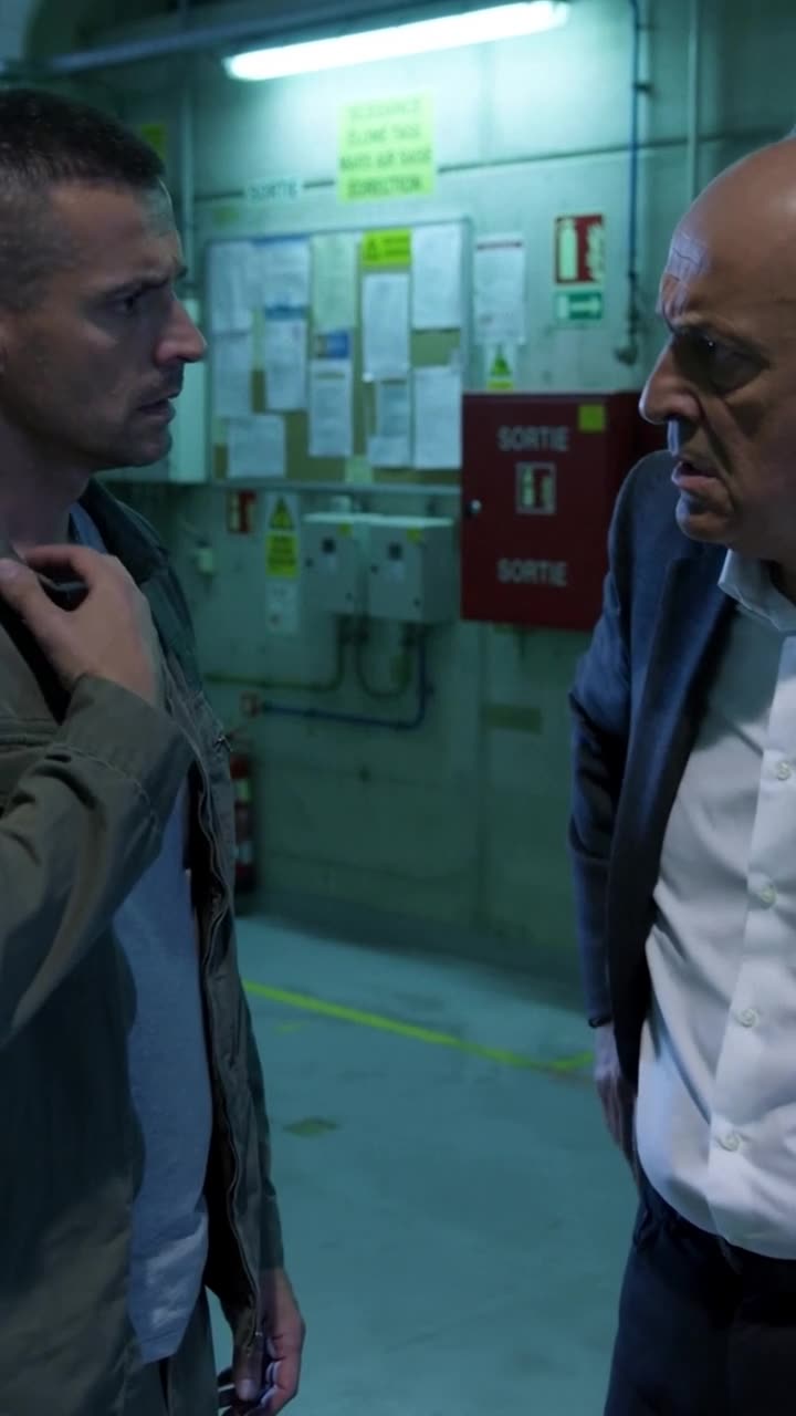 Marc touches the collar of his jacket while a stunned Philippe lowers his phone in complete shock.