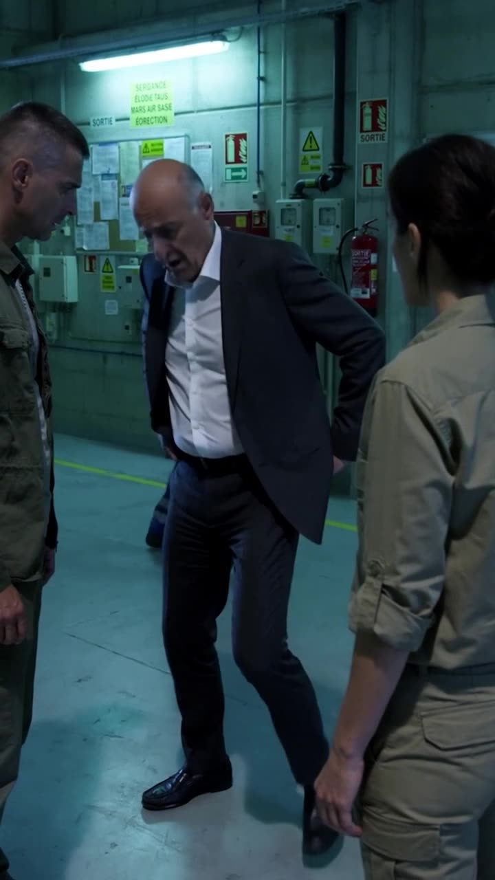 Philippe stumbles backward in shock after discovering the true identity of the chief inspector.