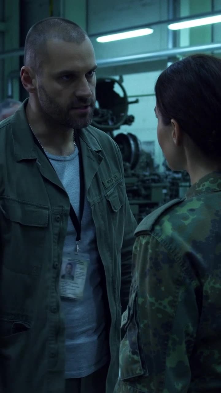 Markus wendet sich mit entschiedenem Blick an Soldatin Julia und erteilt den Abriegelungsbefehl.