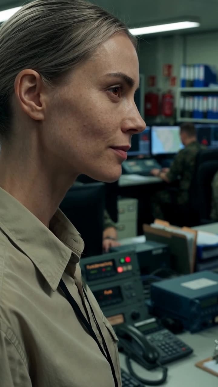 Nahaufnahme von Lena mit gefasstem Gesichtsausdruck und ruhig fixierendem Blick im Kontrollraum.