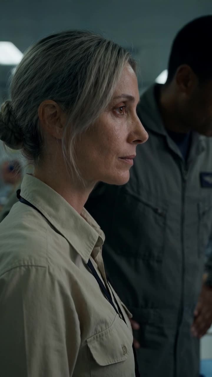 Close-up of Camille maintaining a calm, unblinking expression under interrogation.