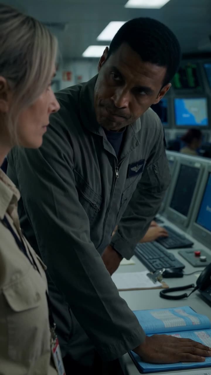 Julien slaps the logbook onto the terminal desk and leans toward Camille aggressively.
