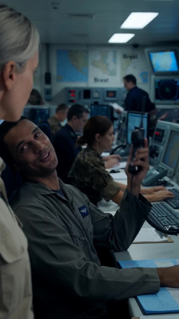 Julien sneers while raising the radio handset to dismiss Camille before noticing her badge.