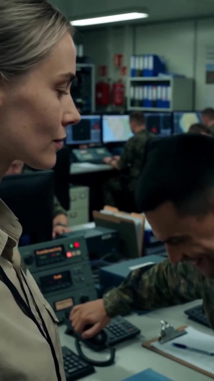 Die Frau blickt ungerührt zu, während der Soldat die Bedientasten der Funkkonsole prüft.