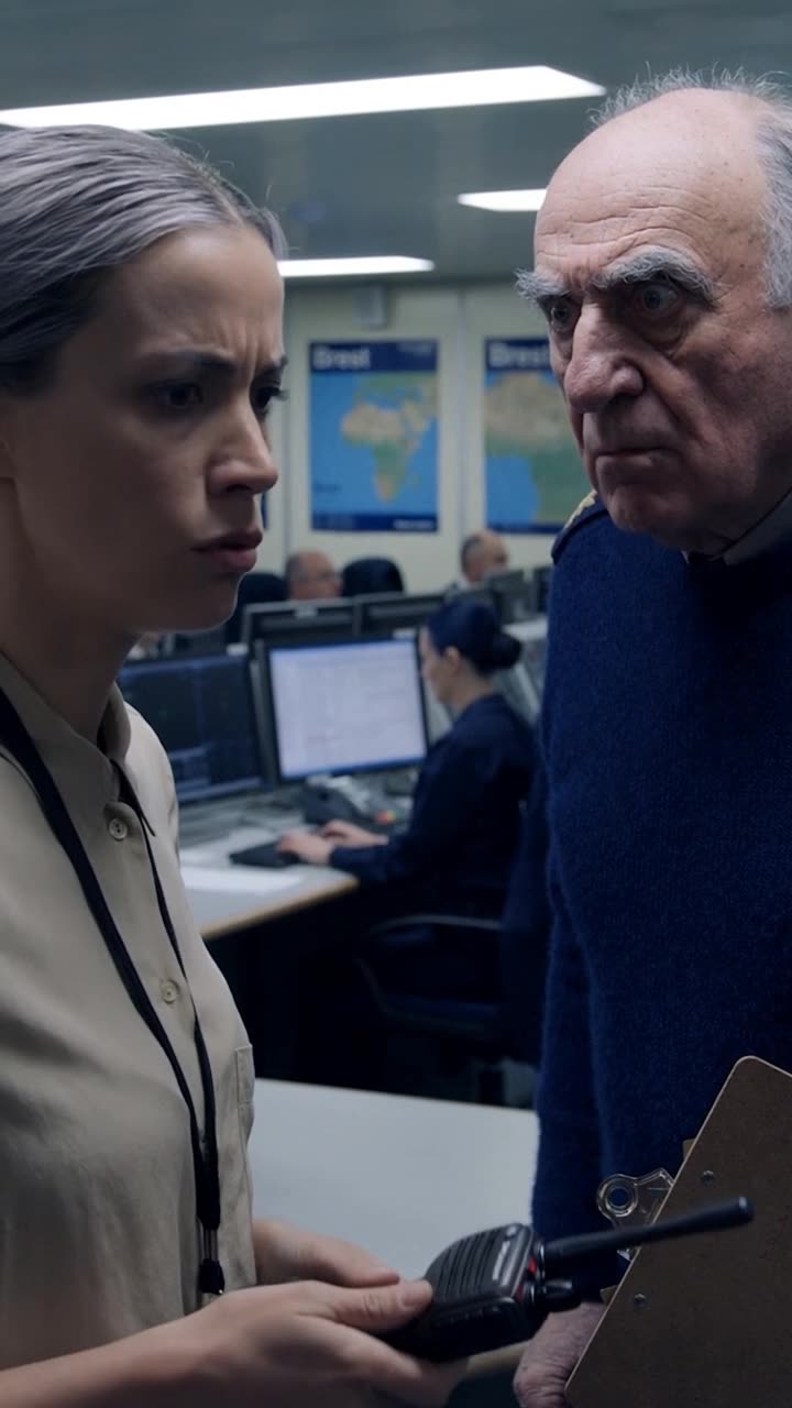 Commander Marc confronts Camille with intense suspicion in the operations center.